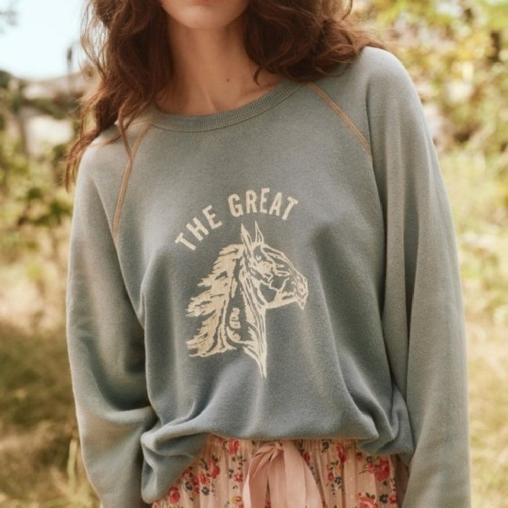THE GREAT The College Sweatshirt Bronco Blue Womens 0 Distressed Retro